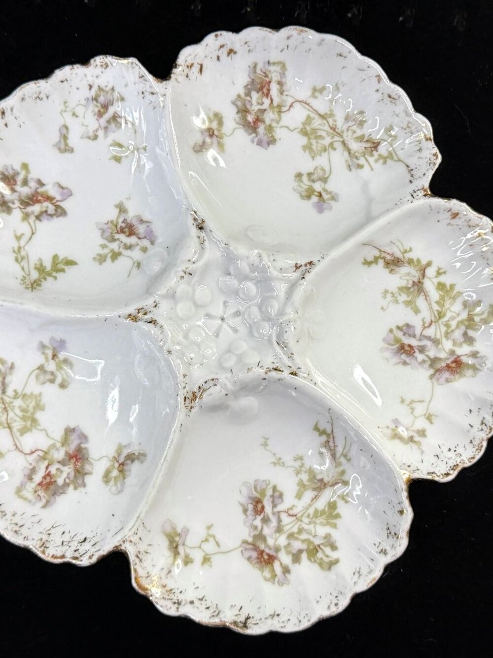 Antique 5-Well Floral Oyster Plate Scalloped Gold Trim 8" A1254